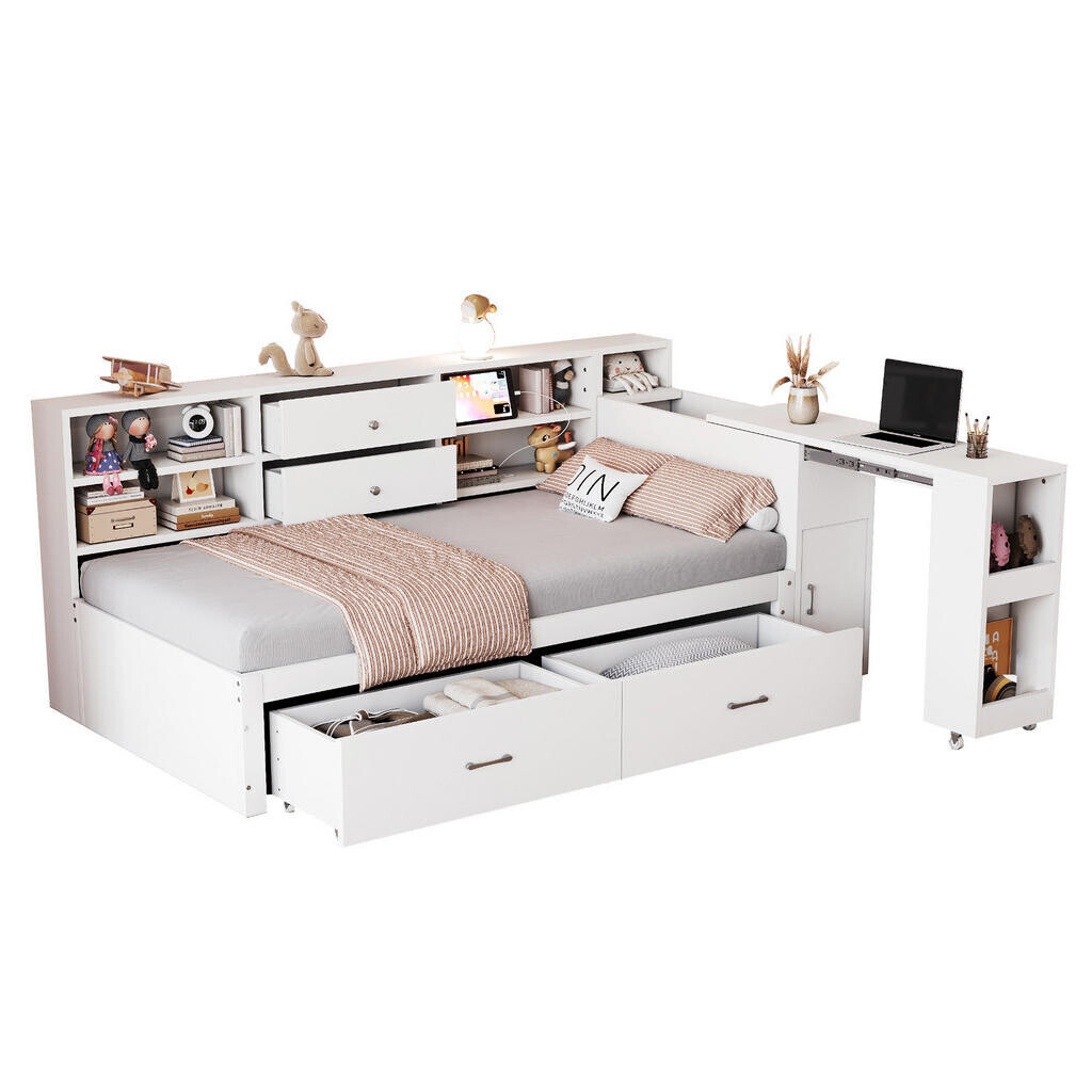 Redom MULTIFUNKČNÍ postel 90/200 cm s vysouvacím psacím stolem, USB porty, úložným prostorem a 2 zásuvkami, Bílá