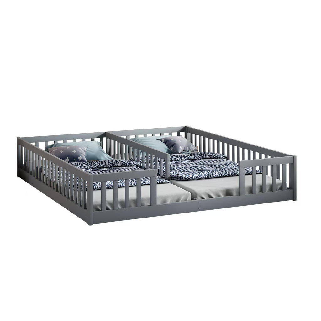Redom DĚTSKÁ postel 90/200 cm se zábranou, z borovice a MDF, pro dvě děti, Šedá