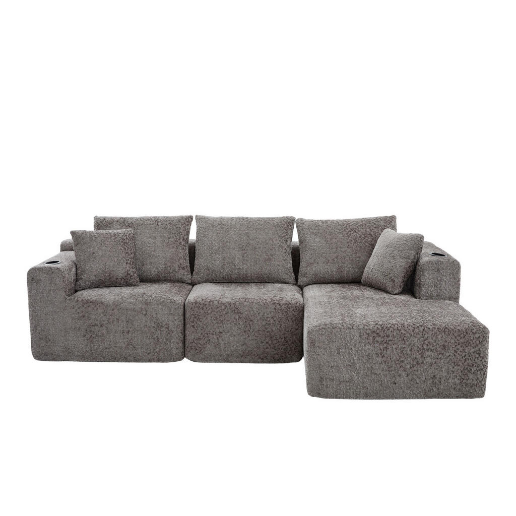 OKWISH MODULÁRNÍ rohová pohovka 261/165/80,5 cm tmavě šedá z chenille s držákem na nápoje a hlubokým sedákem