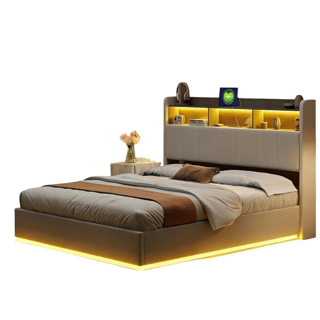 SHOPENTRA LED pásek s úložným prostorem pro manželskou postel 160x200 bílý samet