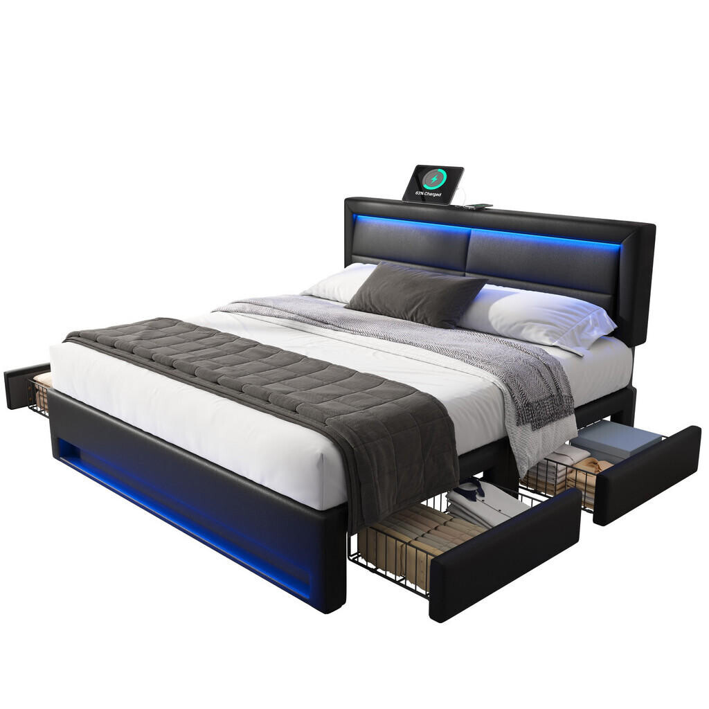 FLIEKS ČALOUNĚNÁ POSTEL 140x190 Černá PU LED USB 4 Zásuvky