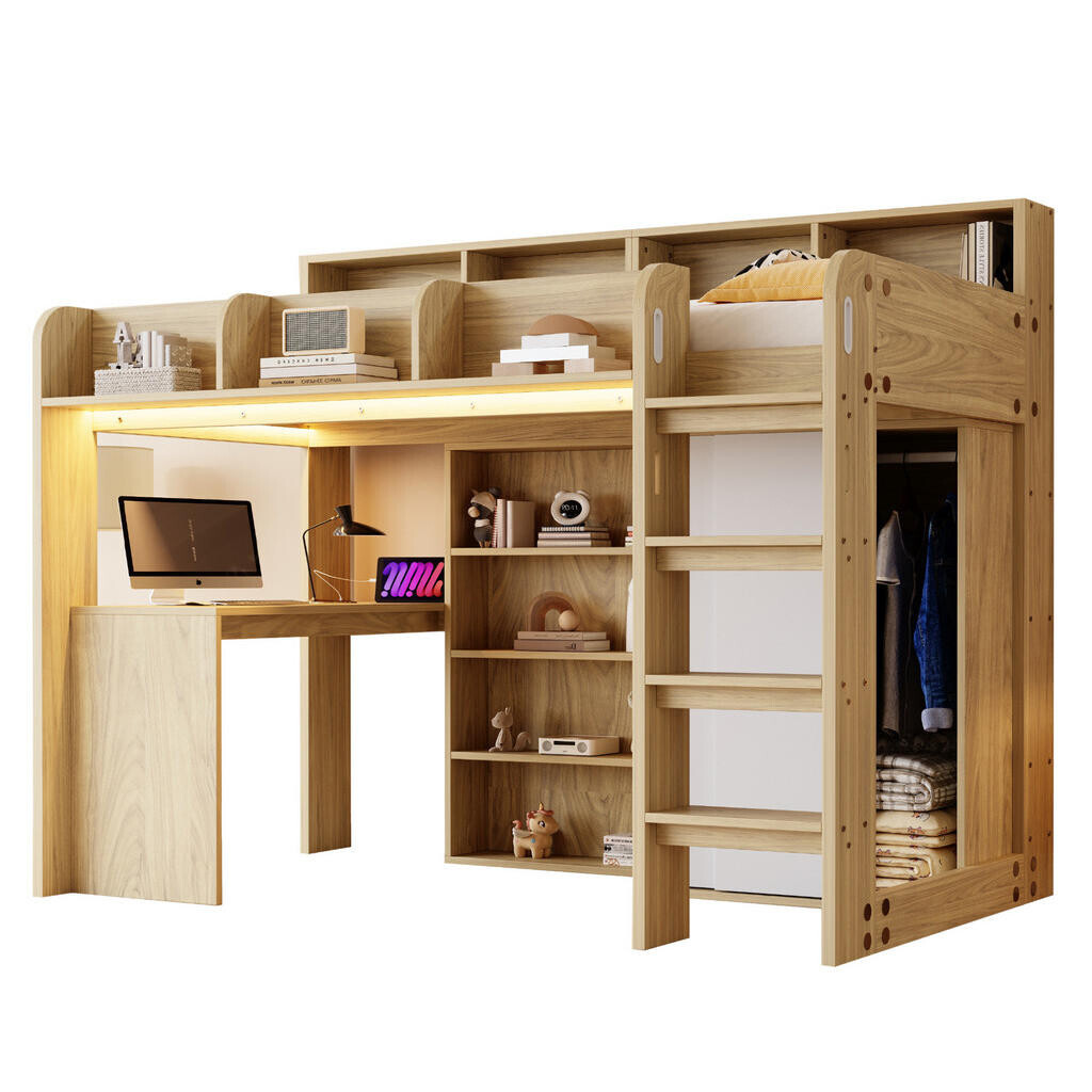 OKWISH PATROVÁ postel 90/200 cm z přírodního MDF s psacím stolem, LED osvětlením a zásuvkou