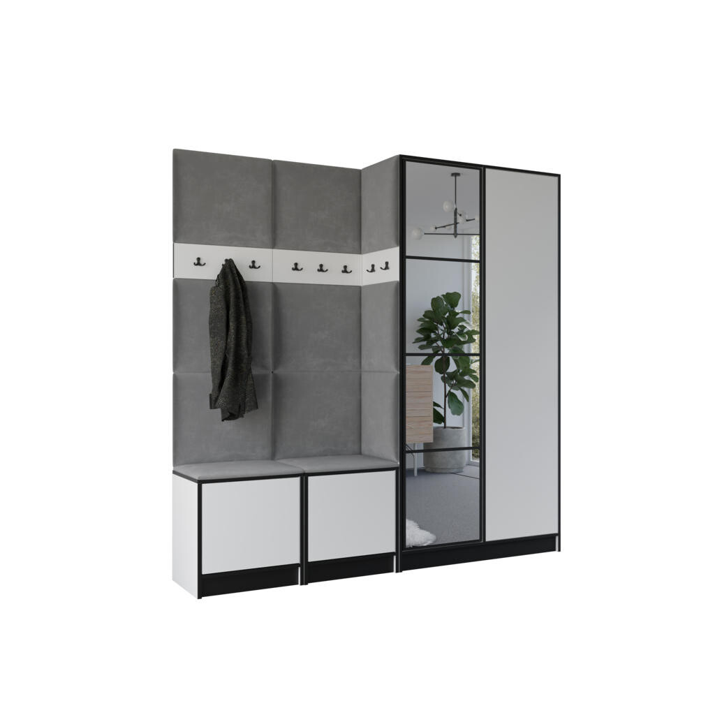 Kier Furniture ŠATNÍ SKŘÍŇ do předsíně EDEN 21 se zrcadlem - Bílá & šedá látka