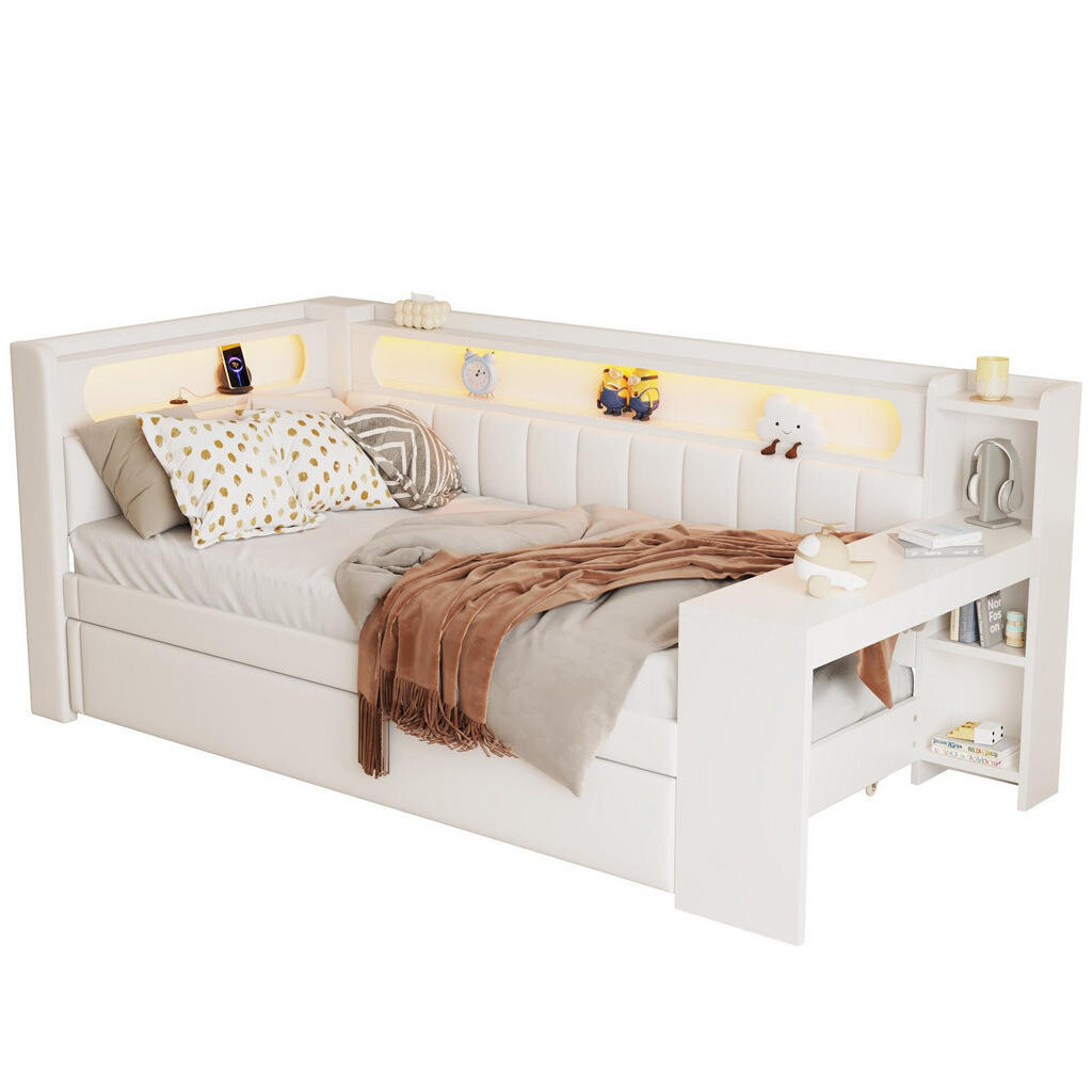 OKWISH POSTEL 90/200 cm bílá z MDF a překližky s čalouněním LED osvětlením USB a výsuvným lůžkem