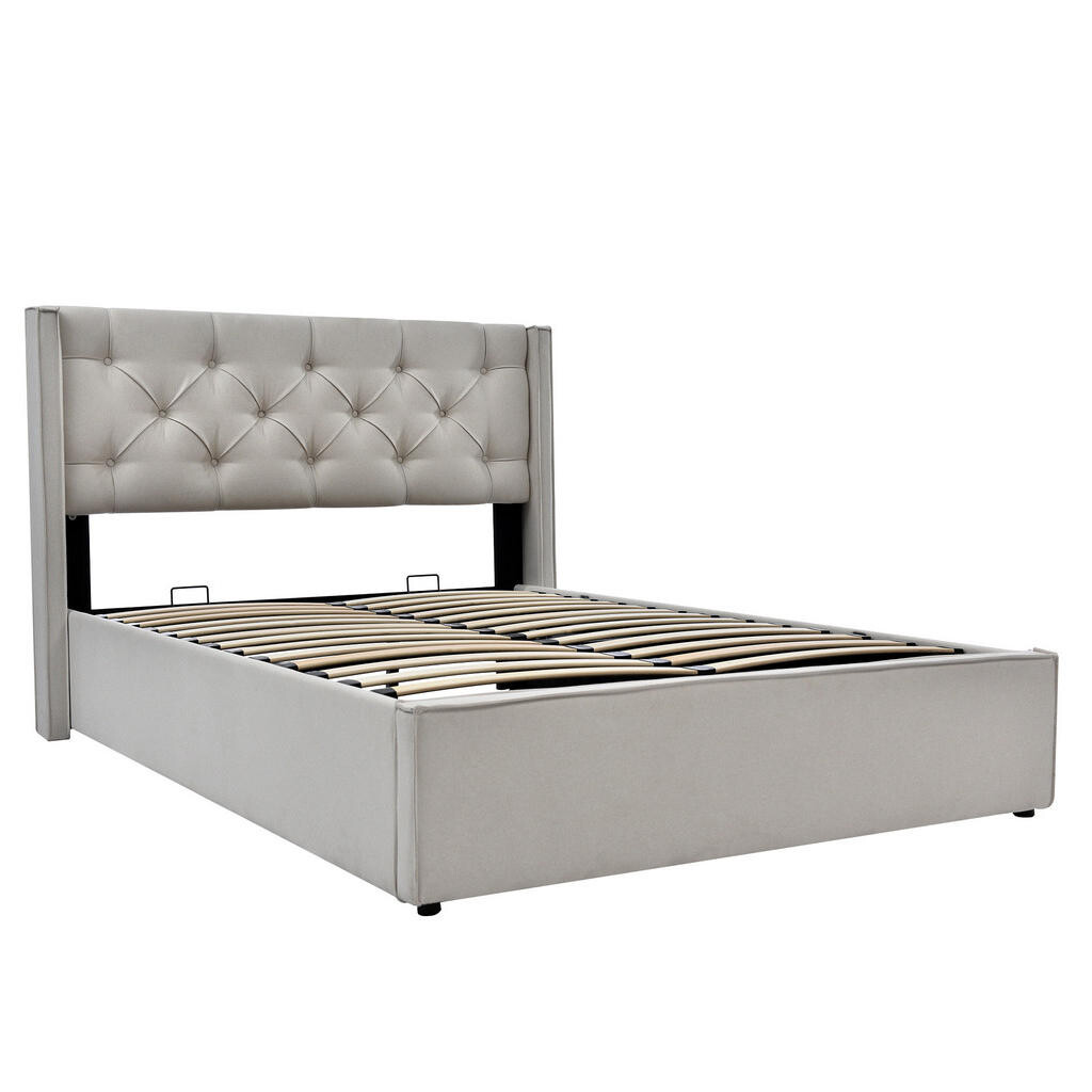 OKWISH ČALOUNĚNÁ postel 140/200 cm světle šedá z bavlny s úložným prostorem a výklopným roštem
