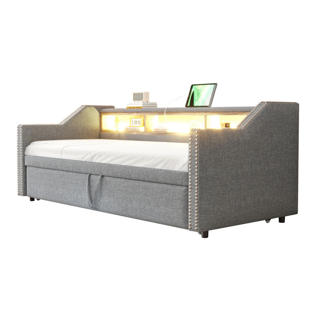 OKWISH ROZKLÁDACÍ postel 90/180 x 190 cm světle šedá z lněné tkaniny s LED a USB