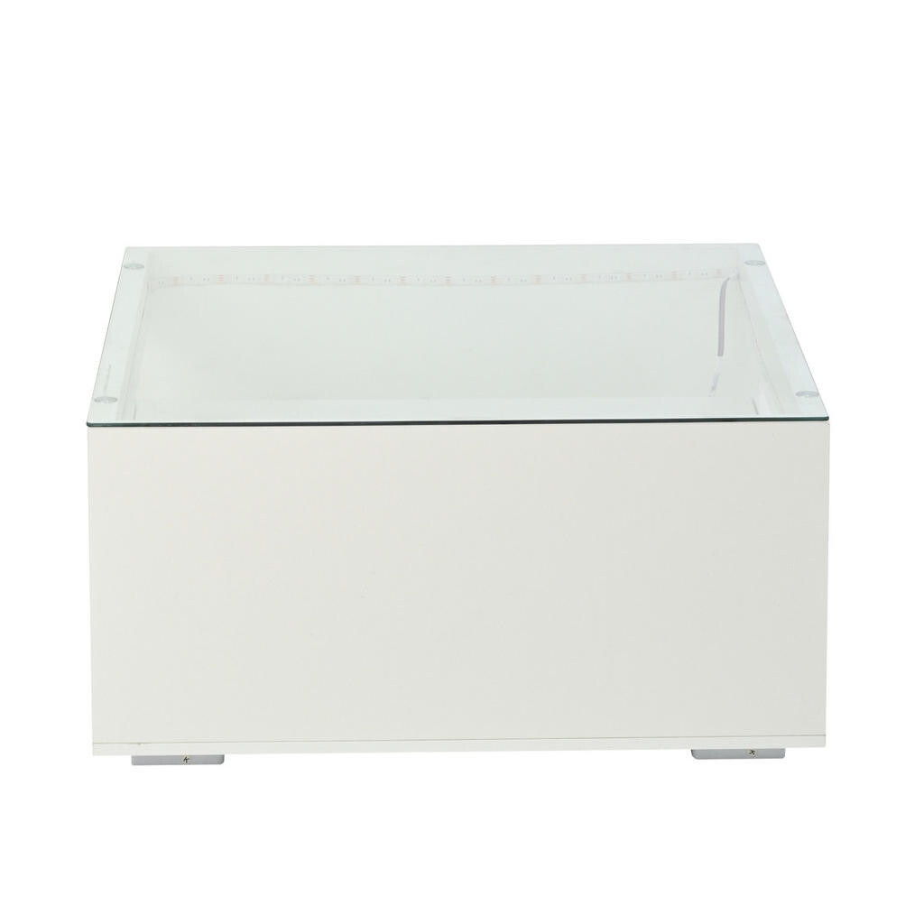 OKWISH KONFERENČNÍ stolek 70/70/35 cm bílý z MDF a tvrzeného skla s LED a 2 zásuvkami
