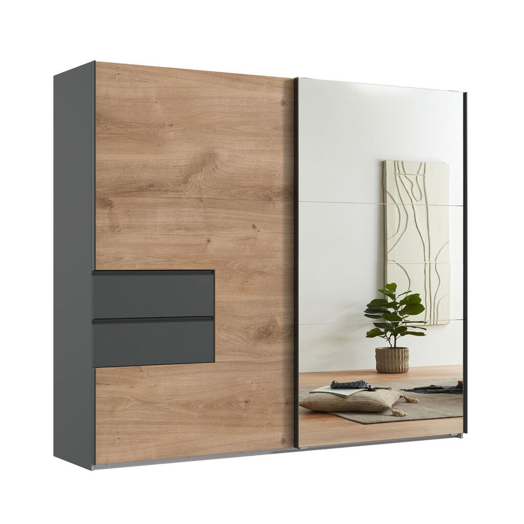 luma-home SKŘÍŇ S POSUVNÝMI DVEŘMI, 2dveřová, 250 × 216 × 65 cm (Š×V×H), korpus a zásuvky v barvě grafitu, dveře v dekoru dubu / zrcadlové / 22051