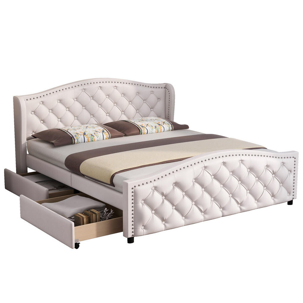 OKWISH ČALOUNĚNÁ postel 160/200 cm bílá z PU se zásuvkami a roštem