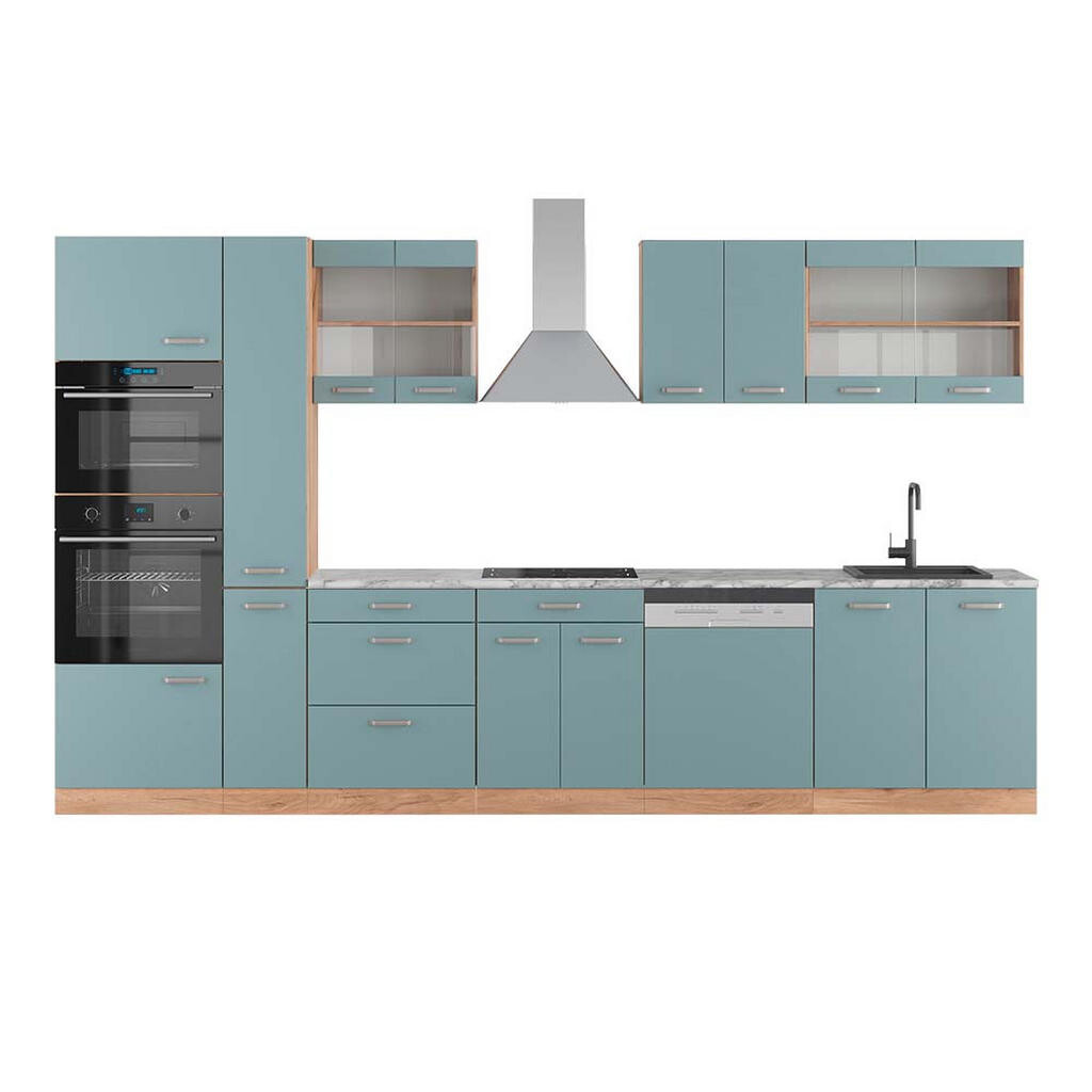 Vicco KUCHYNĚ R-Line Modrošedý/zlatý dub 350 cm s vysokou skříní, PD Mramor