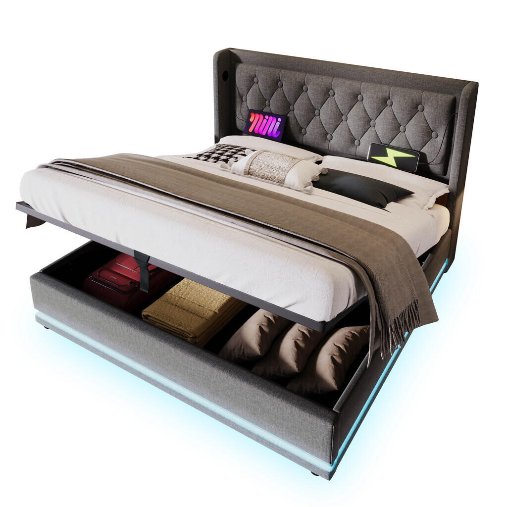 WISHDOR ČALOUNĚNÁ POSTEL 180/200 cm v šedé látce s úložným prostorem, LED osvětlením, USB a Type-C
