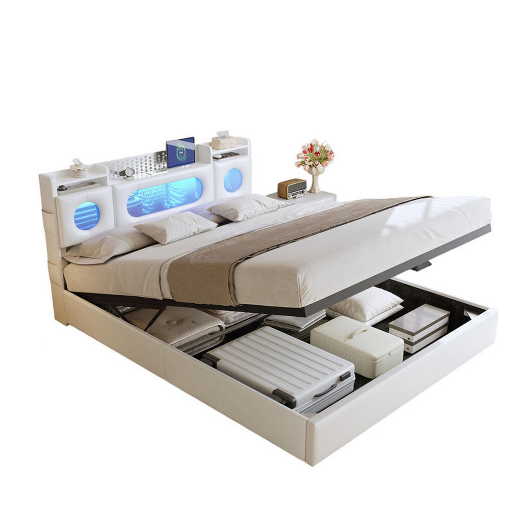 SHOPENTRA ČALOUNĚNÁ postel 140x200 cm bílá LED USB Type-C plynový výtah box