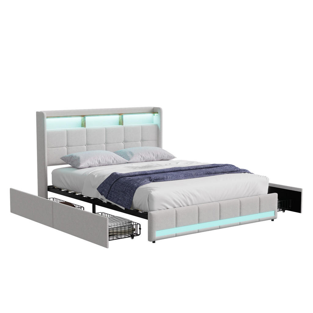SHOPENTRA LNĚNÁ postel 140x200cm béžová LED 4 zásuvky USB typ-C