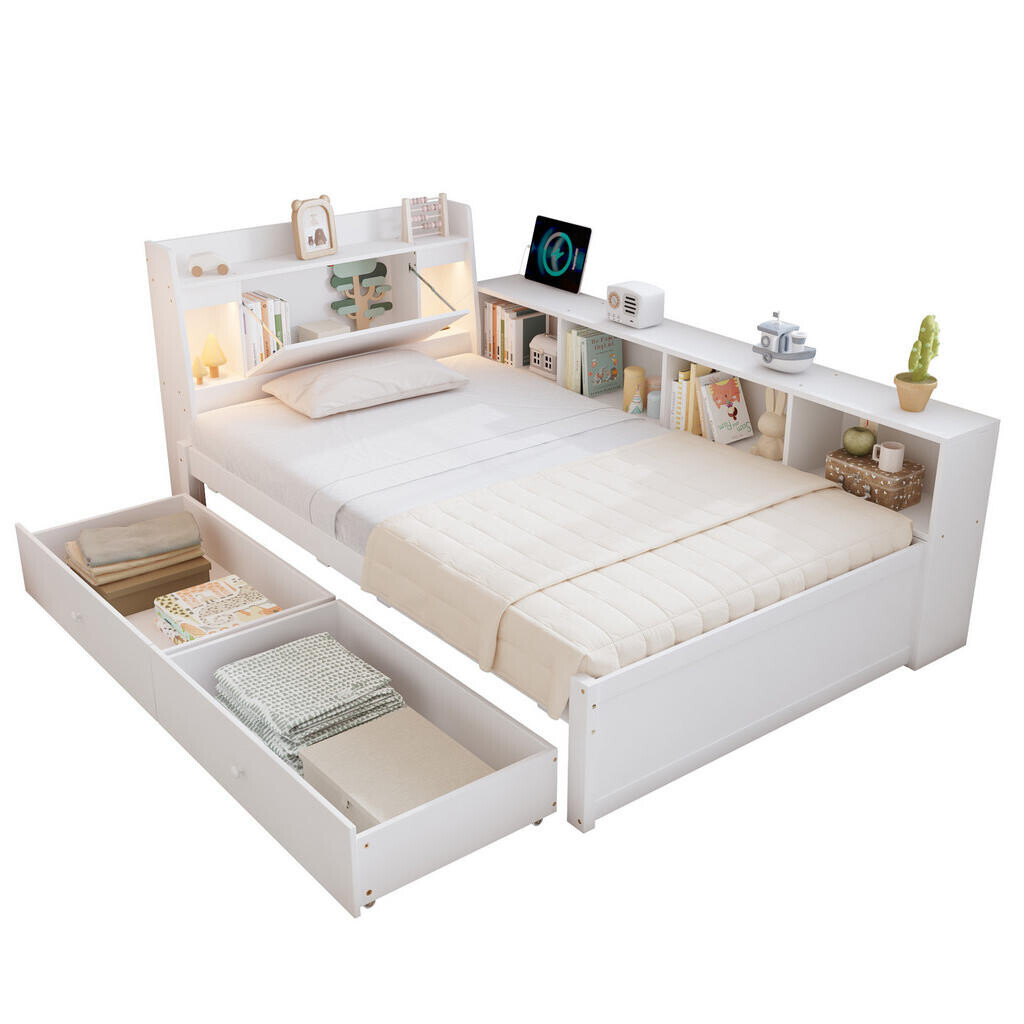 OKWISH JEDNOLŮŽKO 90/200 cm bílé z masivu a MDF s úložným čelem, osvětlením a zásuvkami