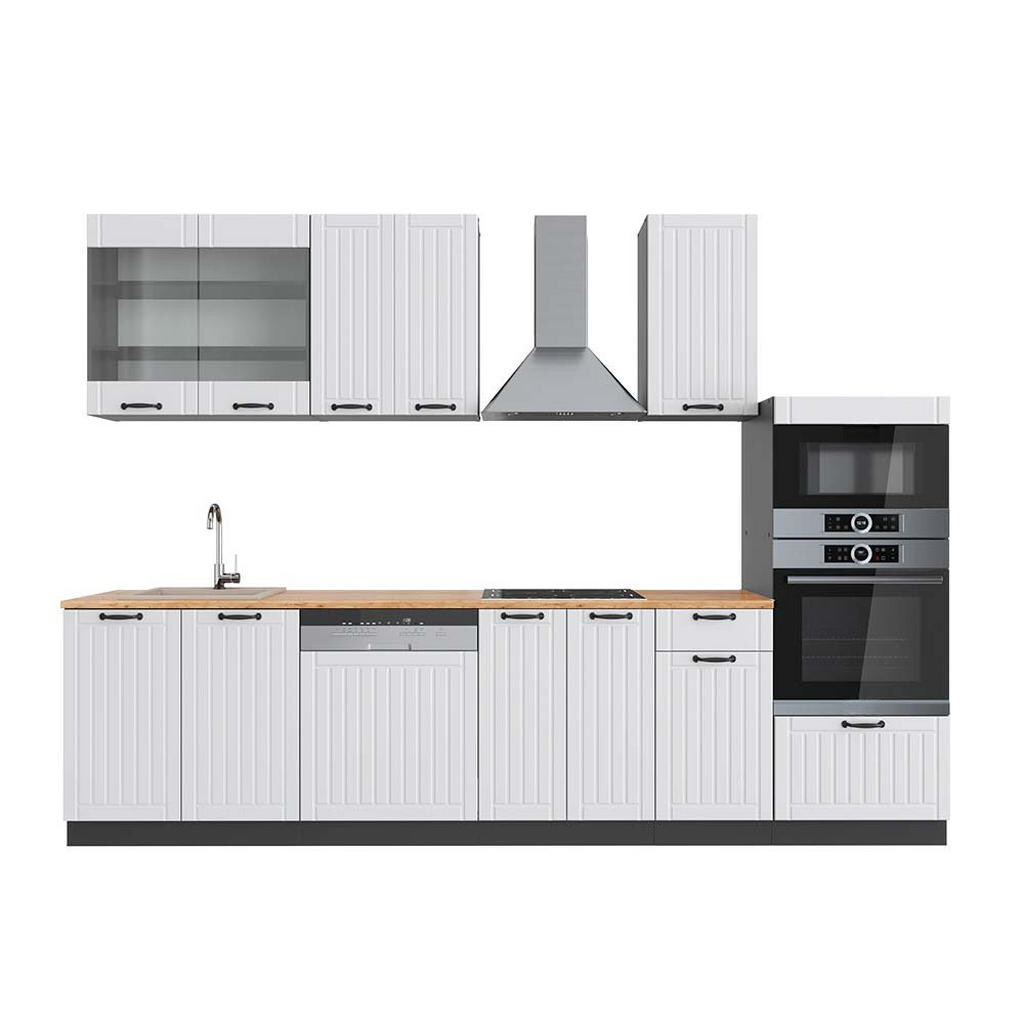 Vicco KUCHYŇSKÝ KOUT Fame-Line Bílý venkovský dům/antracit 300 cm s vysokou skříní, PD Dub