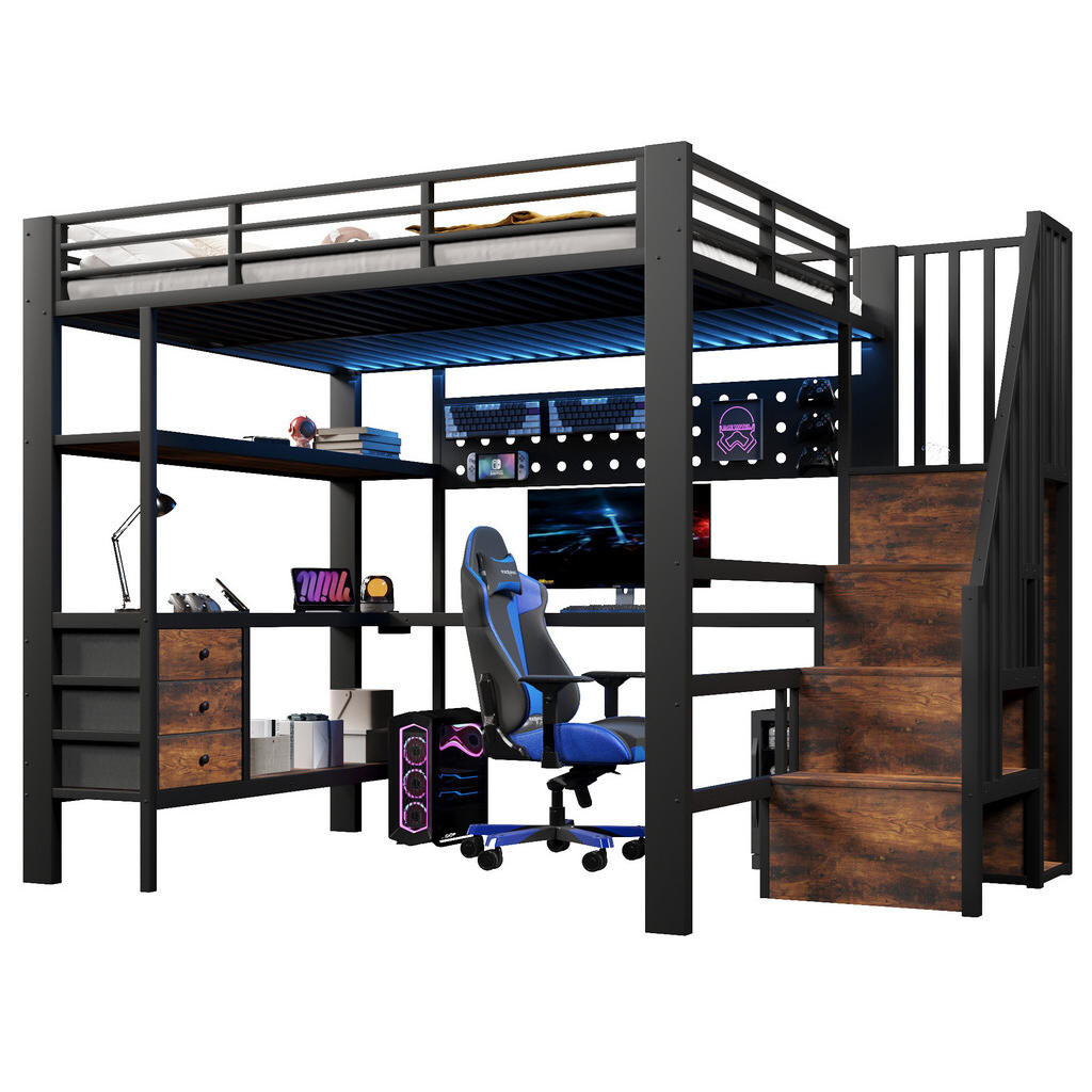 OKWISH PATROVÁ postel 140/200 cm černá z MDF a kovu s deskou, úložným prostorem, LED světlem a zásuvkou