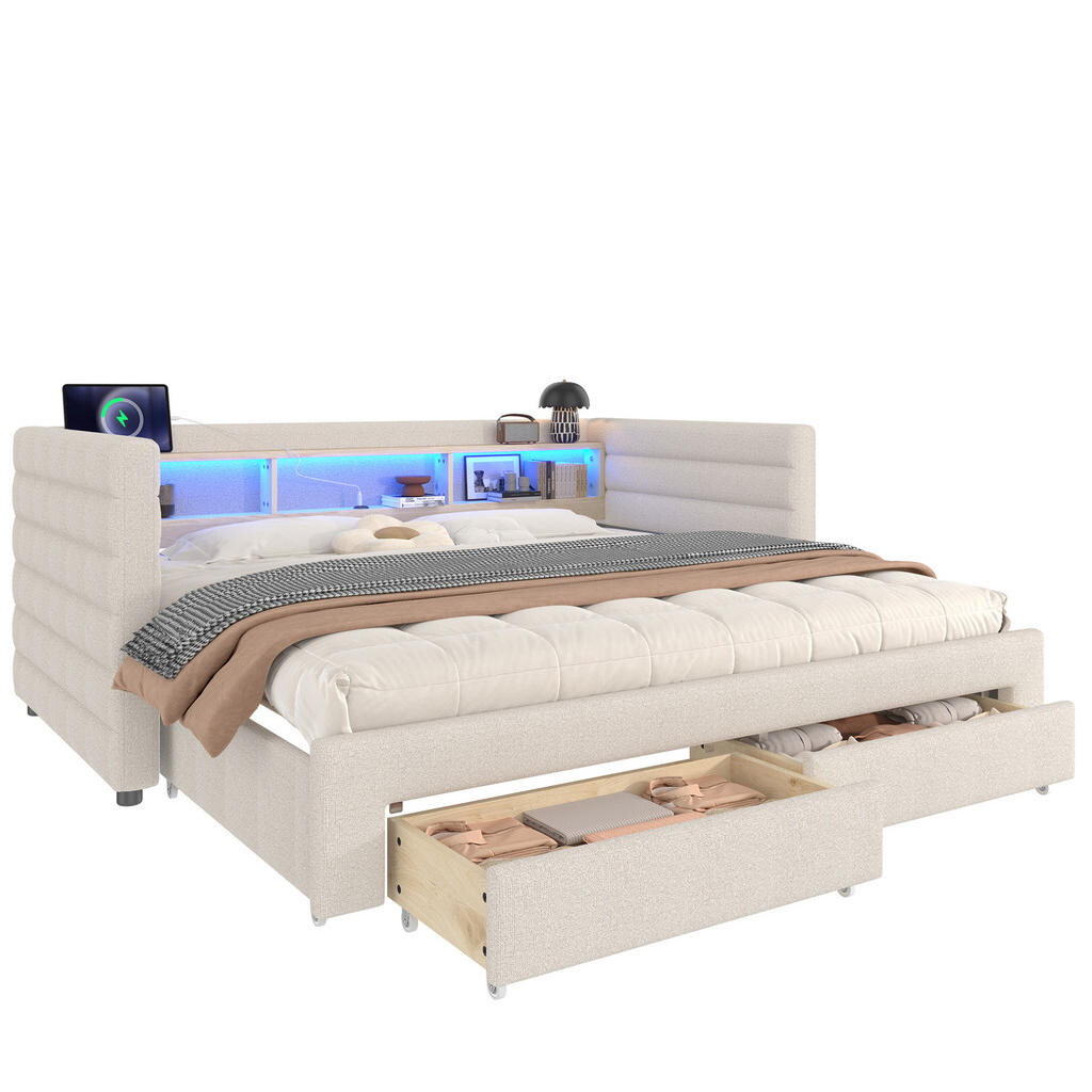 Redom ČALOUNĚNÁ postel 90/190 cm se sametovým čalouněním, LED osvětlením, výsuvným lůžkem, USB a USB-C porty a úložným prostorem, Béžová