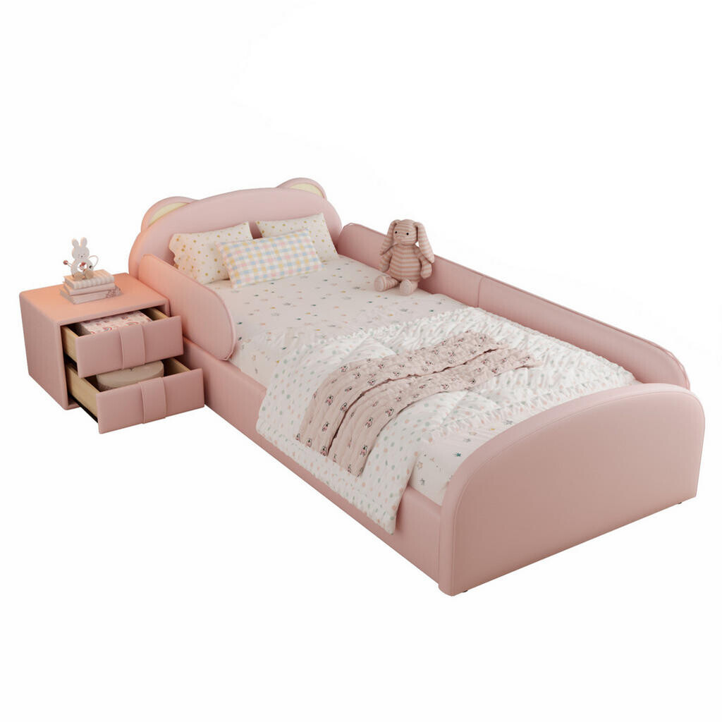 OKWISH DĚTSKÁ postel 90x200 cm růžová z PU s medvědím čelem, nočním stolkem a ochranou proti nárazům
