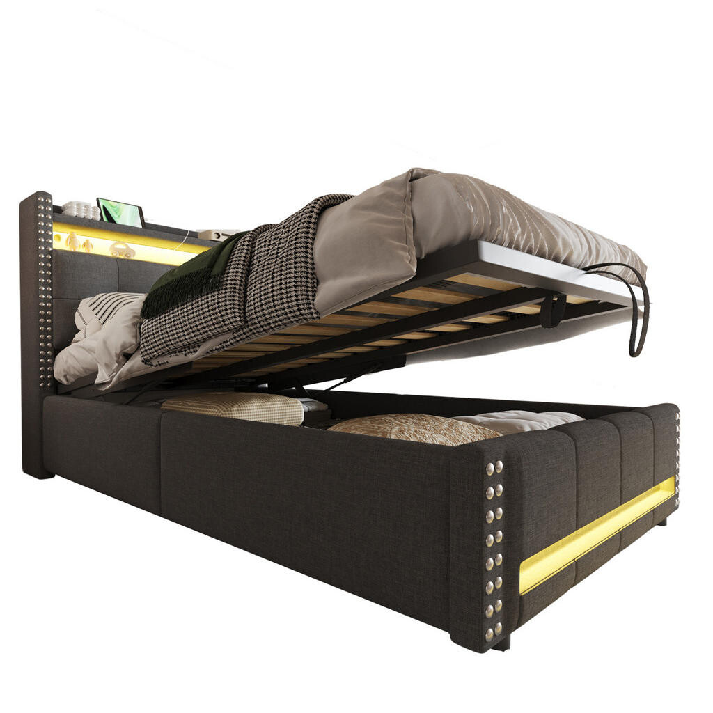 Redom ČALOUNĚNÁ postel 90/200 cm s LED osvětlením, USB portem, úložným prostorem a policemi v čele, Šedá