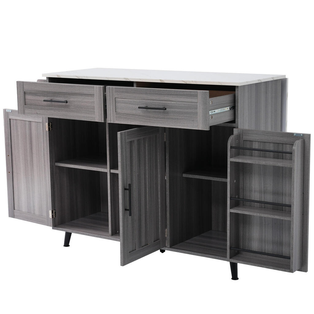 Redom KUCHYŇSKÝ ostrůvek 129/71/91,5 cm s výsuvnou deskou, úložným prostorem na kolečkách a přestavitelnými nohami, Šedá/Bílá