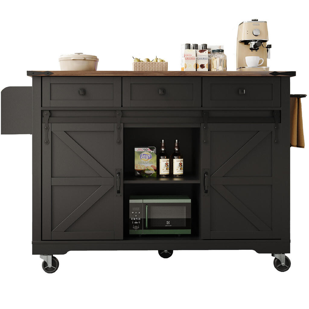 OKWISH KUCHYŇSKÝ ostrůvek 140/45/94 cm černý z MDF se skládací deskou a kolečky