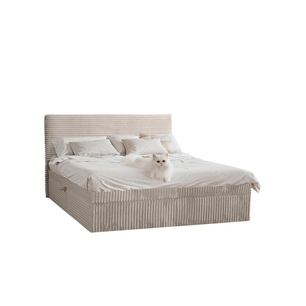 Kaiser Möbel KONTINENTÁLNÍ POSTEL s úložným prostorem a topperem TRENTO bez nožiček plyšová manšestrová tkanina 140x200 cm Ecru H2-Pocket