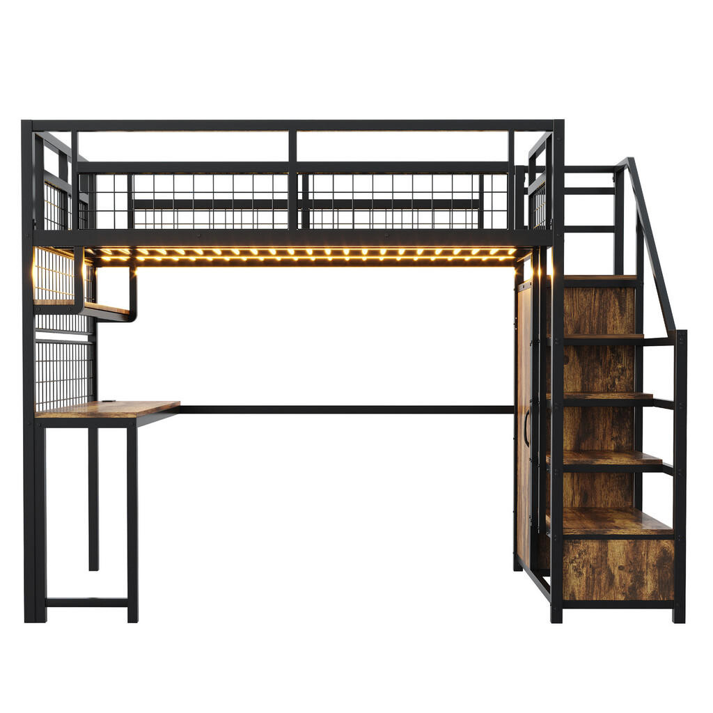 FLIEKS VYVÝŠENÁ POSTEL 140x200cm Kov Skříň Stůl LED Černá