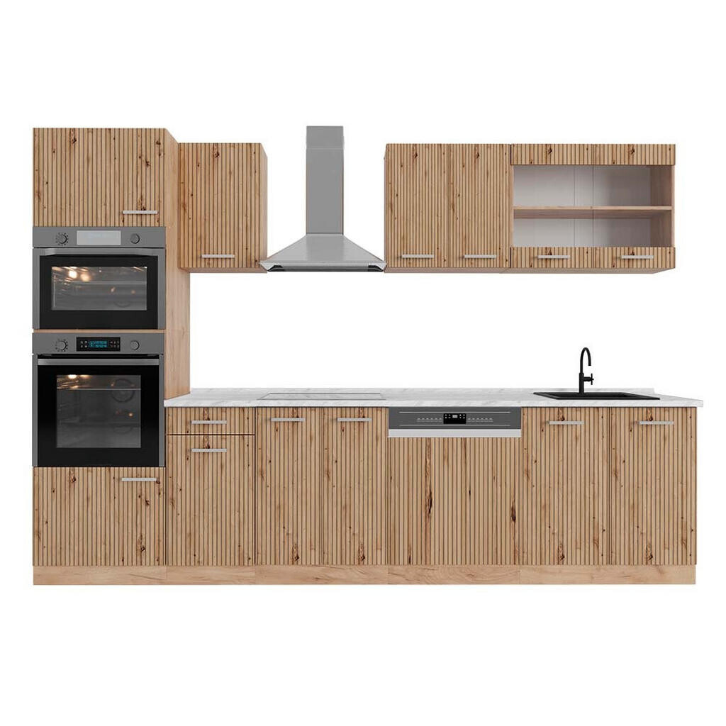 Vicco KUCHYŇSKÝ KOUT R-Line Dub Artisan / dub Goldkraft 300 cm s vysokou skříní, s pracovní deskou
