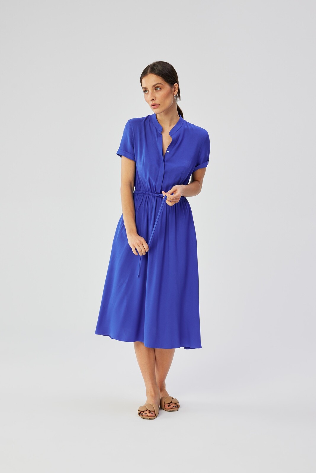Stylove Woman's Viscose dress with string tied waist - blue