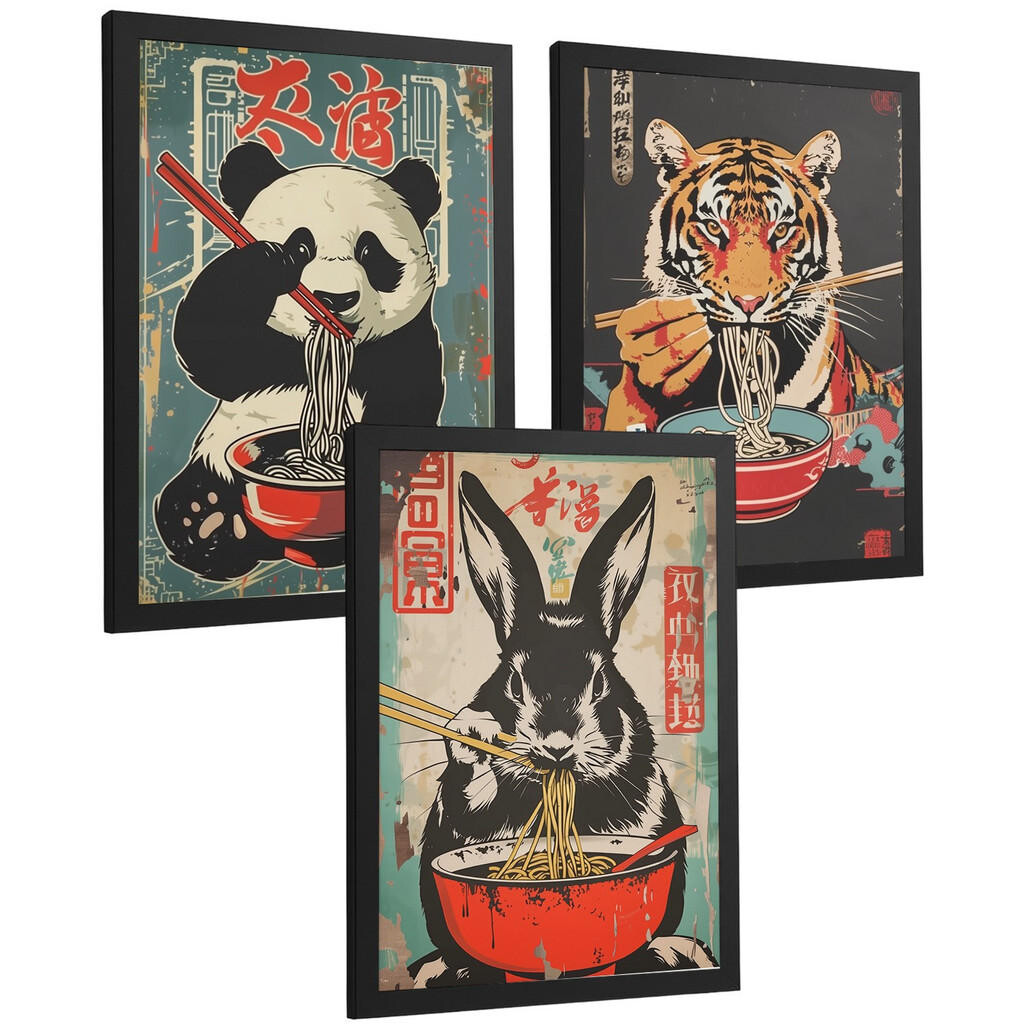 Nacnic PLAKAT Sada 3 Ramen Animals A3 Černý rám