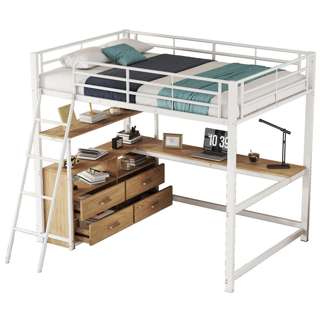 OKWISH VYSOKÁ postel 140/200 cm bílá s psacím stolem a zásuvkami z MDF a kovu