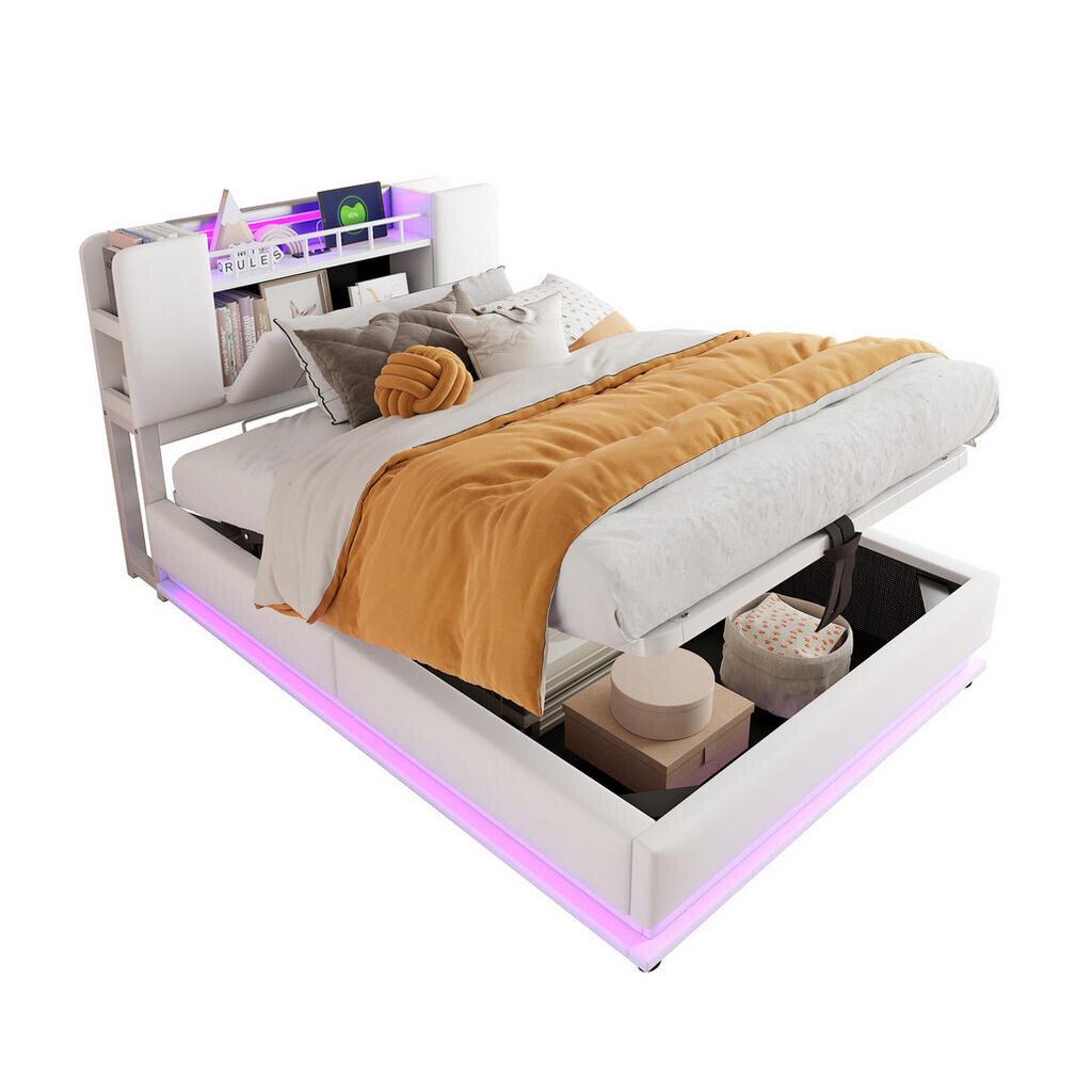 OKWISH DĚTSKÁ čalouněná postel 90/200 cm béžová z MDF a kovu s LED, USB a úložným prostorem