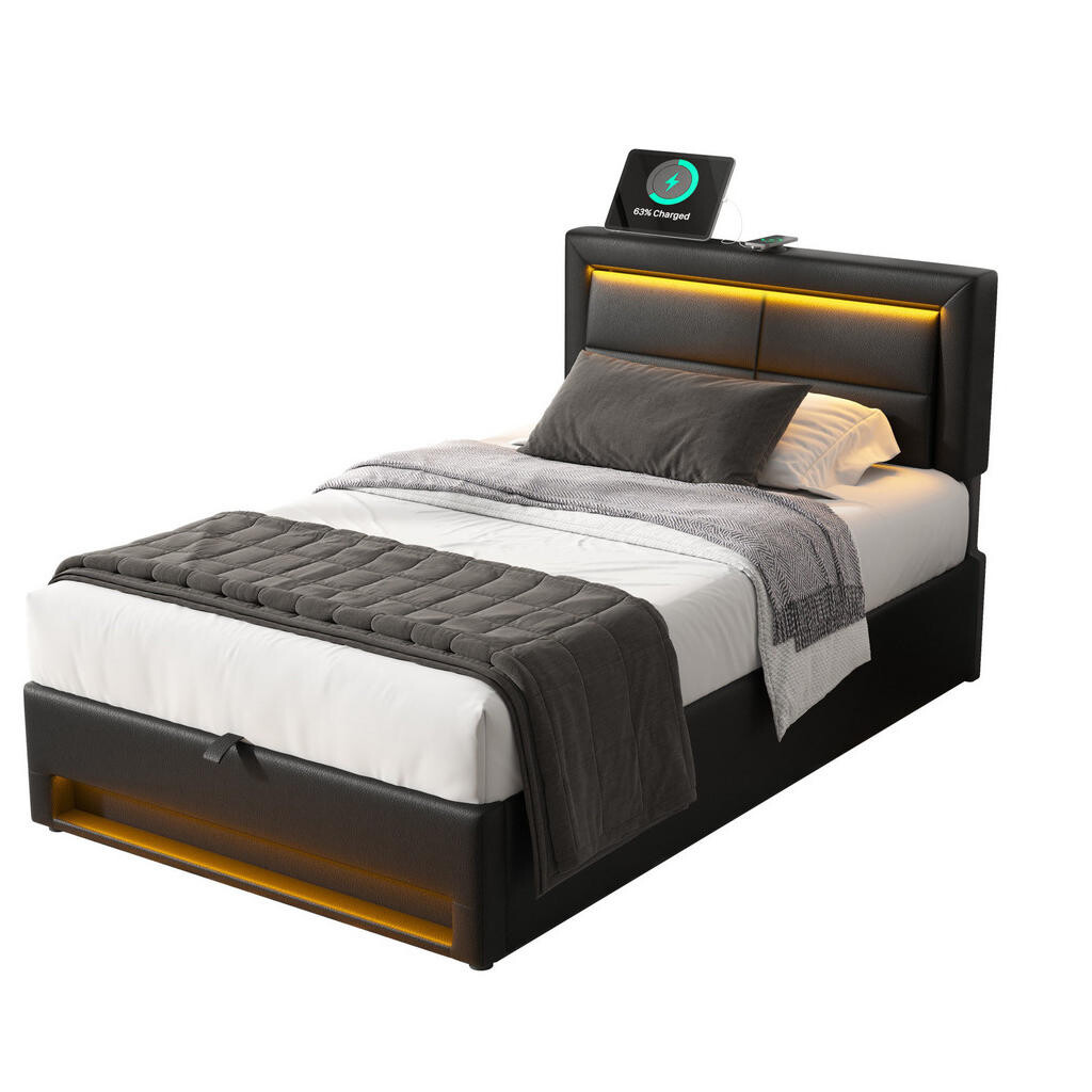 Redom ČALOUNĚNÁ postel 90/200 cm s USB portem, LED osvětlením a úložným prostorem, PU, Černá