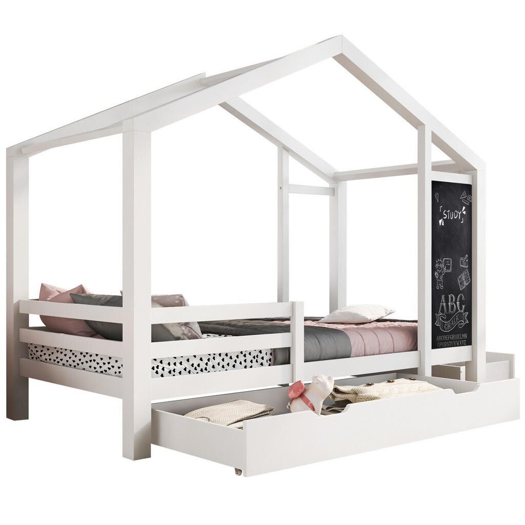 OKWISH DĚTSKÁ postel domeček 90/200 cm bílá z masivní borovice s tabulí a 2 zásuvkami