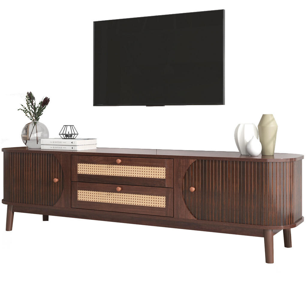 Redom TV stolek 170/39,5/46 cm s dvířky a zásuvkami, ratanové detaily a stabilní provedení, Přírodní