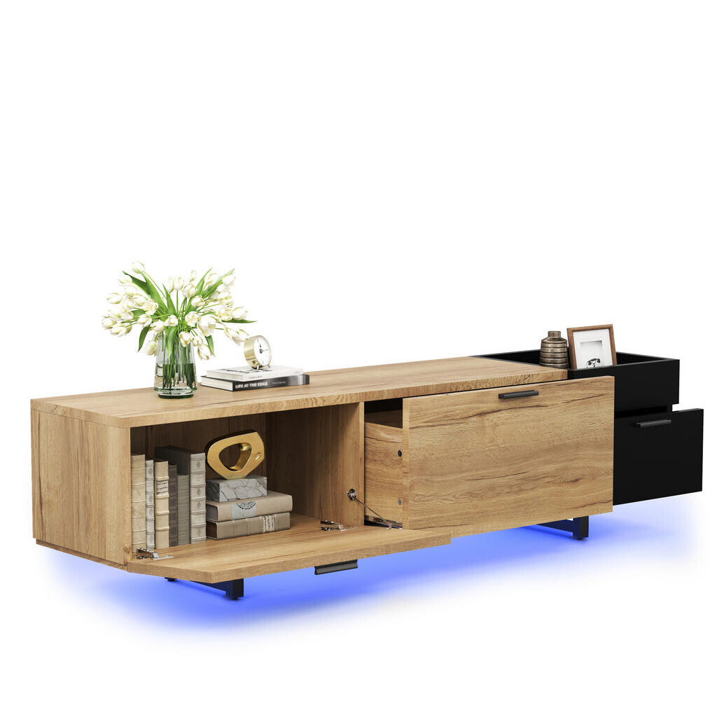 Redom TV stolek 180/38/49 cm s LED osvětlením, závěsným designem a úložným prostorem, Černá