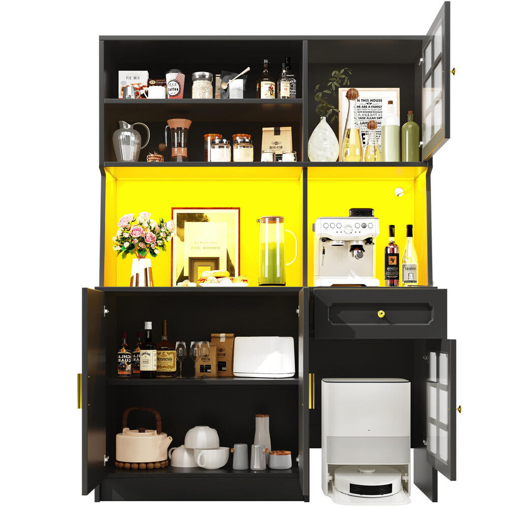 OKWISH KUCHYŇSKÁ skříň 130/45/180 cm černá z MDF s LED osvětlením a skleněnými dvířky