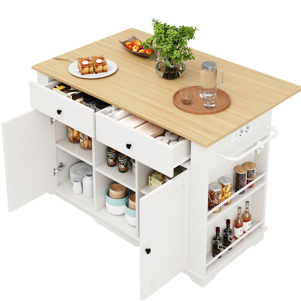 OKWISH KUCHYŇSKÝ ostrov 151,5/59,7/91,7 cm bílá a přírodní z MDF a kovu se zásuvkami a skládací deskou