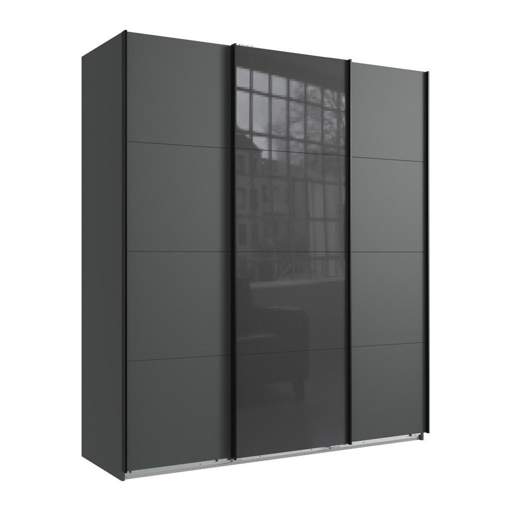 luma-home SKŘÍŇ S POSUVNÝMI DVEŘMI, 3dveřová, šířka 180 cm / výška 208 cm / hloubka 64 cm, barva grafitová, s jedněmi prosklenými dveřmi v šedé barvě
