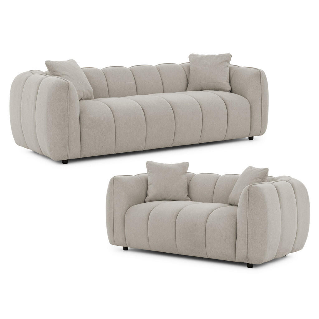 S-Style SEDACÍ SOUPRAVA 3+2 Nubira v hluboce prošívaném designu Bubble z měkké strukturované látky v barvě taupe s moderním vzhledem