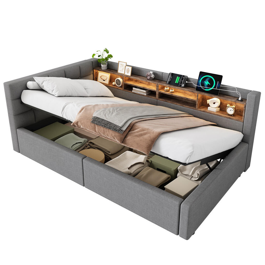 FLIEKS DENNÍ POSTEL 90x200cm Pohovka Úložná LED USB Šedá