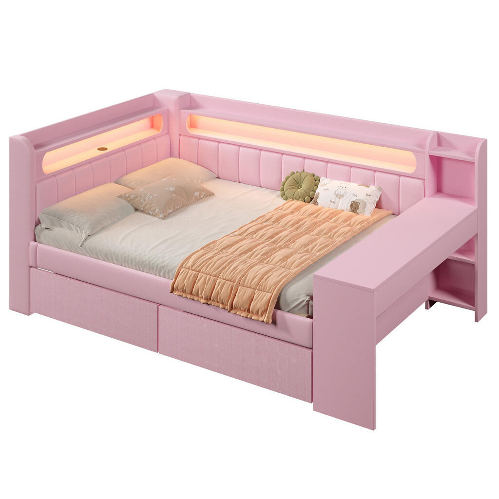 OKWISH DENNÍ postel 140/200 cm růžová z MDF a překližky s USB LED osvětlením stolem a 2 zásuvkami
