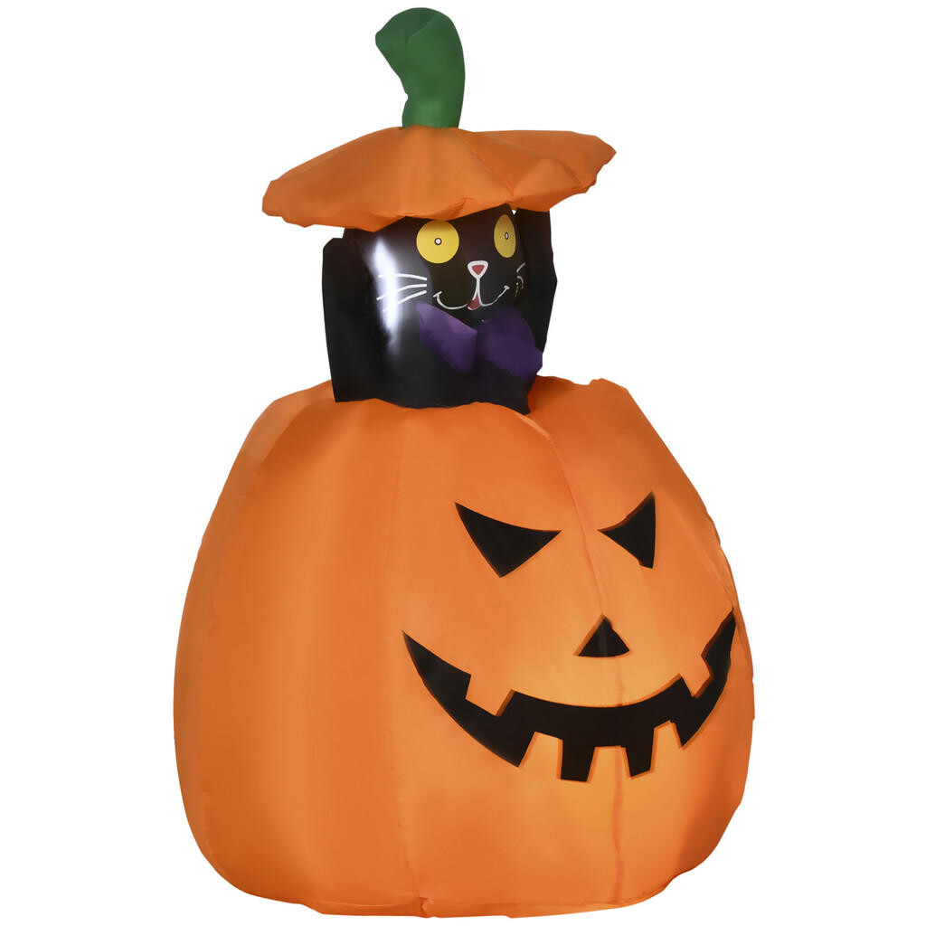 Outsunny 115 cm nafukovací halloweenská dekorace Duch z dýně s pohyblivou kočkou a LED