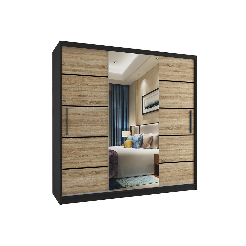 B BELINI GROUP POSUVNÁ SKŘÍŇ Verona MT, Černá/Dub Sonoma Mat, 200 cm, se zrcadlem