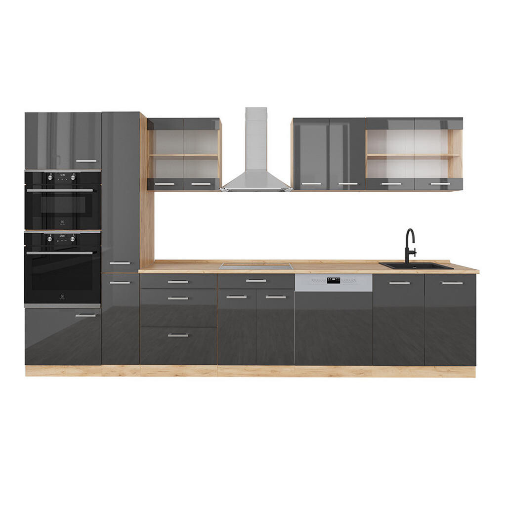 Vicco KUCHYŇSKÝ KOUT R-Line Antracitový vysoký lesk/zlatý dub power 350 cm s vysokou skříní, PD Dub