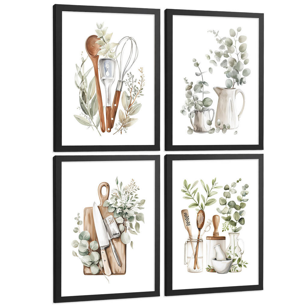 Nacnic PLAKAT Sada 4 dekorativních nástěnných tisků, Botanická kuchyně. Bohémský venkovský styl. Rustikální kuchyně. Velikost Černý rám A3