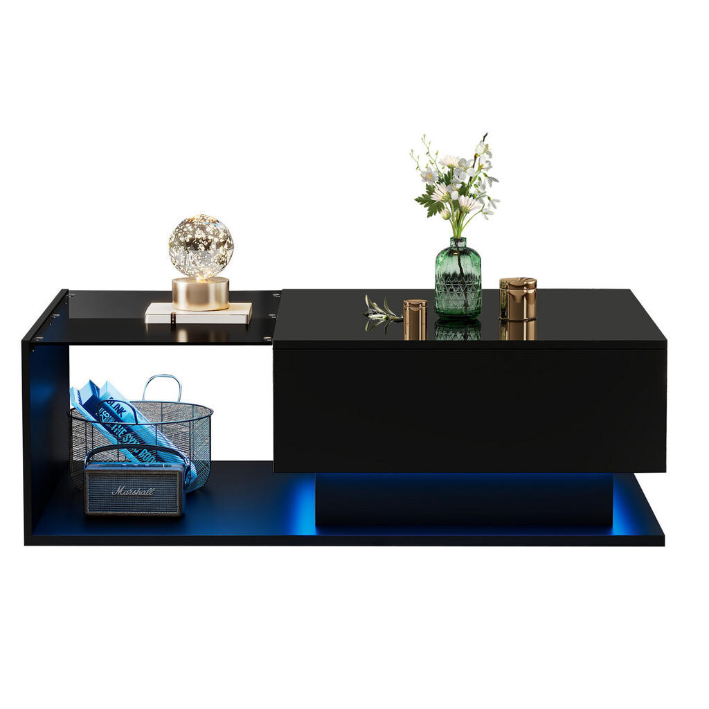 Redom KONFERENČNÍ stolek 100/50/32 cm s LED osvětlením, skleněnou deskou a zásuvkou, černý