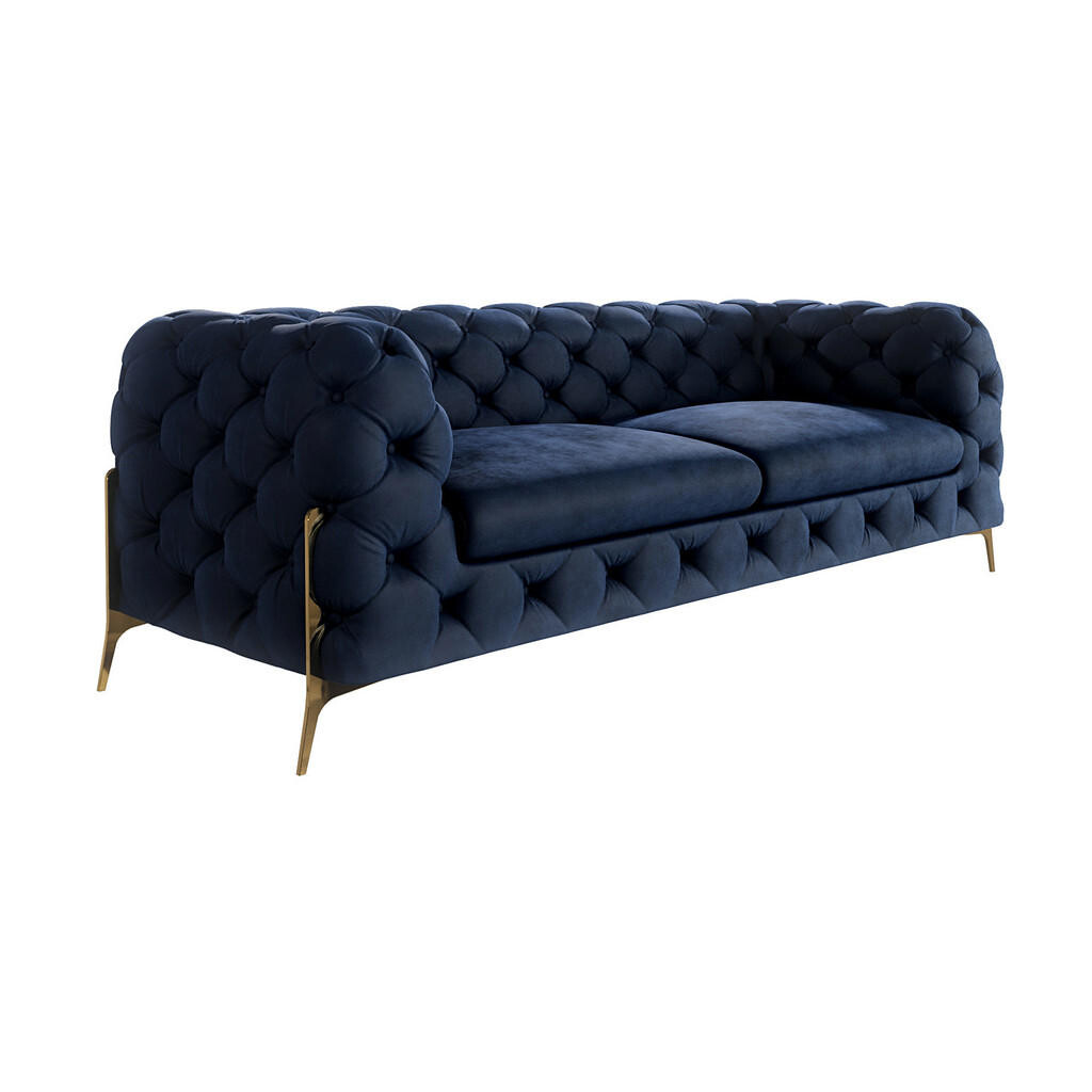 S-Style CHESTERFIELD TŘÍMÍSTNÁ POHOVKA Lexi z tmavě modrého sametu se zlatými nohami
