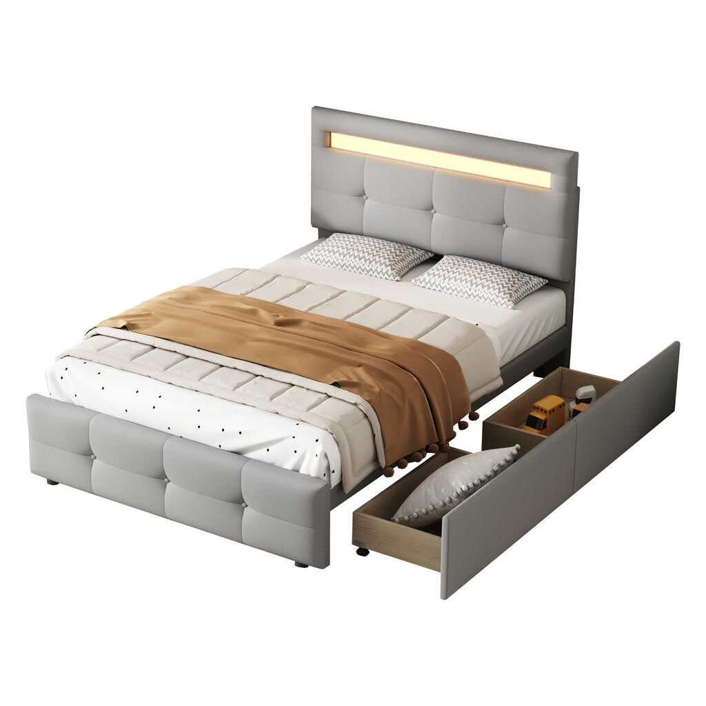 OKWISH ČALOUNĚNÁ postel 90/200 cm šedá s LED osvětlením a 2 zásuvkami
