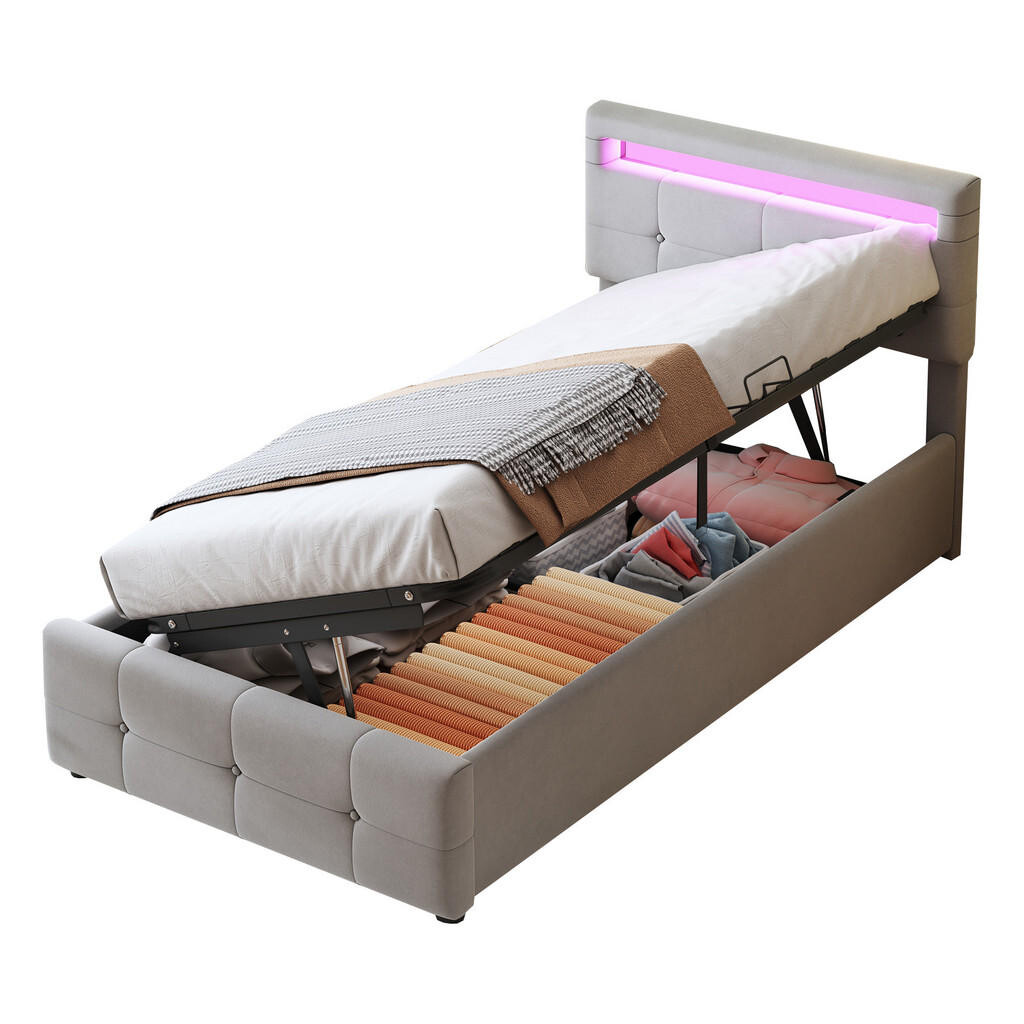 OKWISH ČALOUNĚNÁ postel 90/200 cm šedá z MDF a kovu s LED osvětlením a úložným prostorem